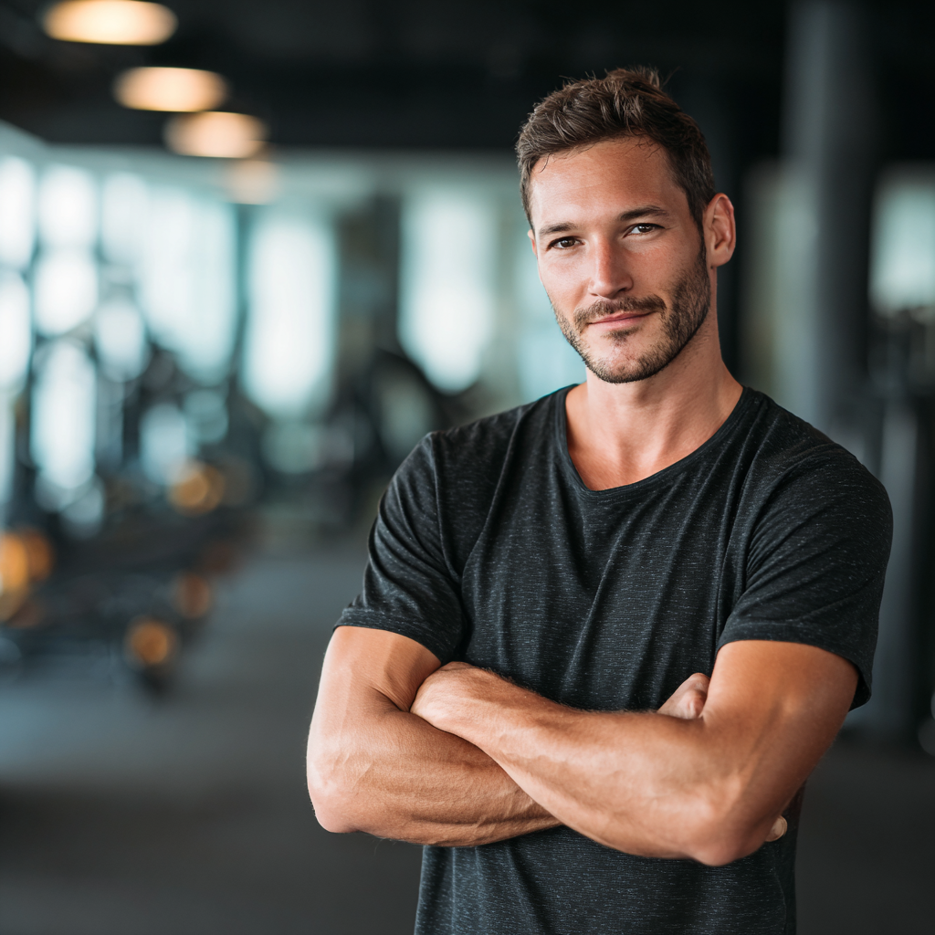 Confident athletic man in modern gym setting, focused on strength training with determination
